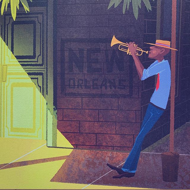 Close up detail of “The Trumpeter” .
.
.
.
#nolacityportraits #neworleans #palacemarketfrenchmen #travelposter #trumpet #illustration